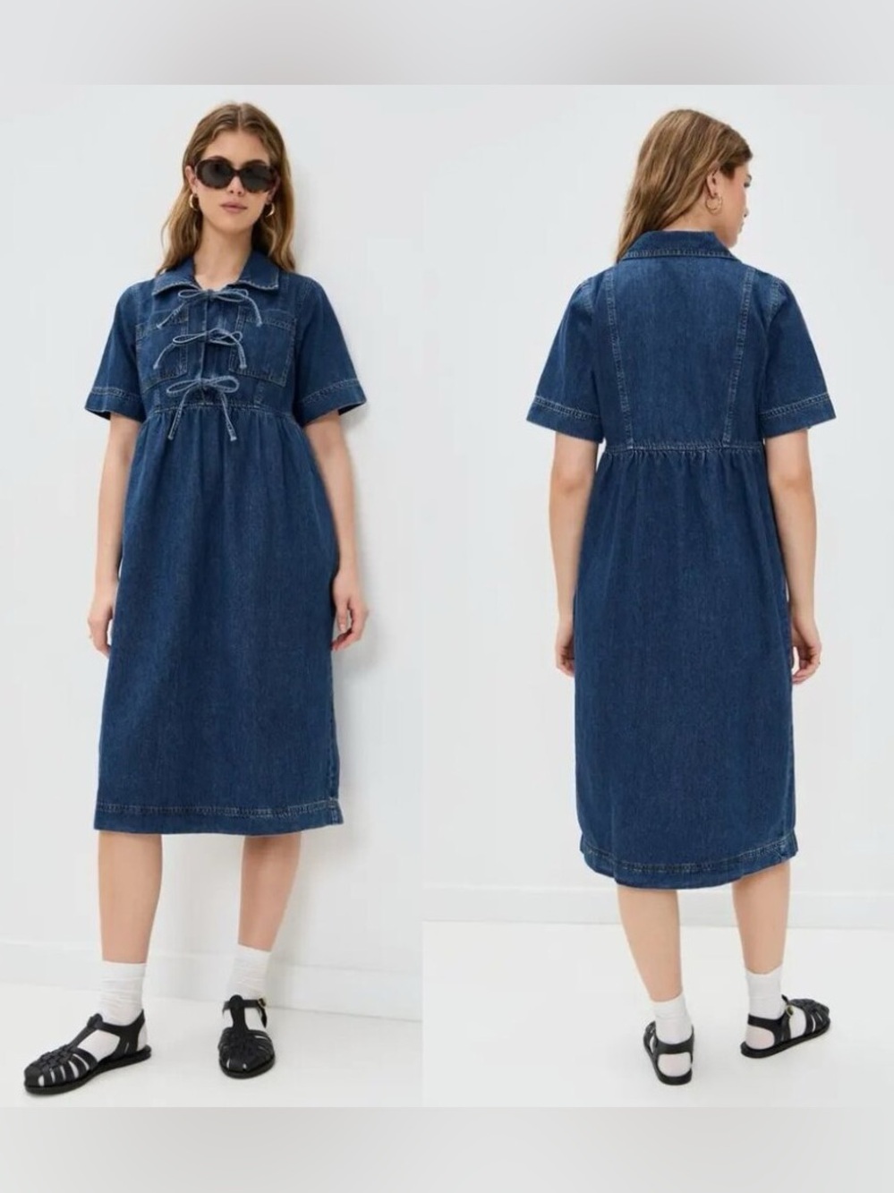 Aligne Effy Short Sleeve Tie-Front Denim Midi Dress - Blue Size 6